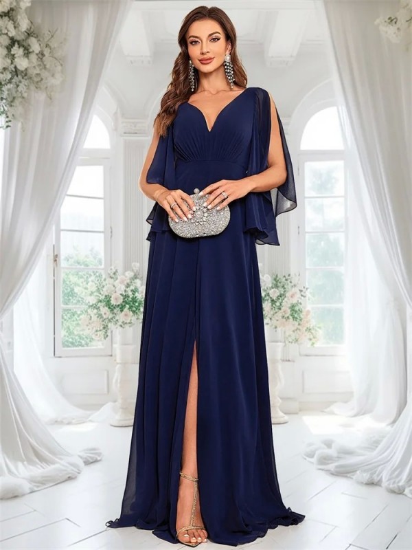 Lucyinlove-Robe de soirée en mousseline de soie pour femme, manches longues, bleu marine, sexy, fente haute, dos en V, robe form|67,99 €|OKKO MODE