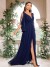 Vestido de noche en mousseline para mujer, azul marino, sexy con fenda alta | 73,68 $ | OKKO MODE