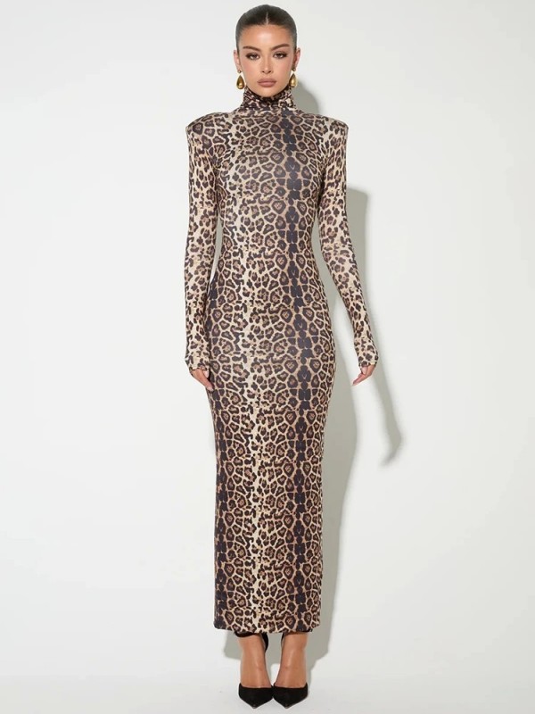 Robe maxi sexy à manches longues et imprimé léopard pour femmes, col roulé élégant, tambour imprimé, mode automne et hiver