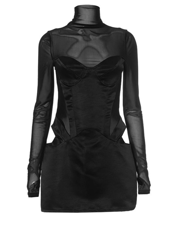 Mini robe à col roulé en maille pour femme, manches longues, satin découpé, pull, batterie, club court, robes de soirée, tenue d|30,59 €|OKKO MODE