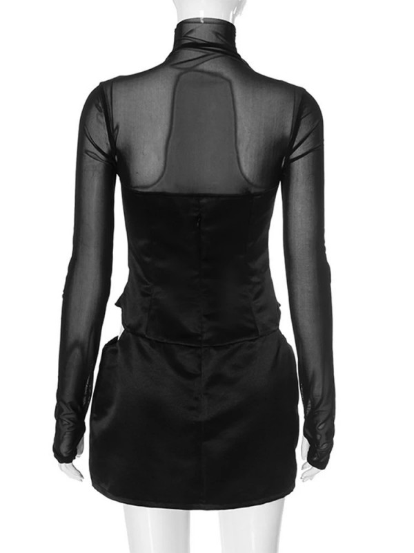 Mini robe à col roulé en maille pour femme, manches longues, satin découpé, pull, batterie, club court, robes de soirée, tenue d|30,59 €|OKKO MODE