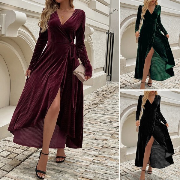 Robe fendue à manches longues et col en V pour femme, tenue de soirée vintage, couleur unie, printemps et automne