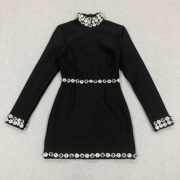 Mini robe noire à manches longues, décoration florale, coupe couvertes, rayonne, diamant, bandage, robe de soirée noire|63,13 €|OKKO MODE