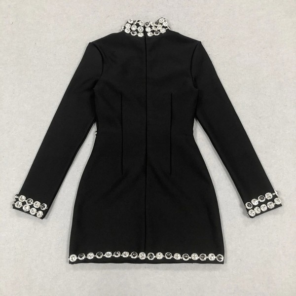 Mini robe noire à manches longues, décoration florale, coupe couvertes, rayonne, diamant, bandage, robe de soirée noire|63,13 €|OKKO MODE