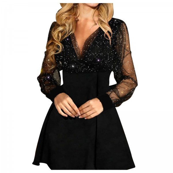 Robe de Soirée Trapèze à Paillettes pour Femme, Manches sulf, Couleur Unie, Tenue de Bal de Noël, Nouvelle Collection 2024|8,97 €|OKKO MODE