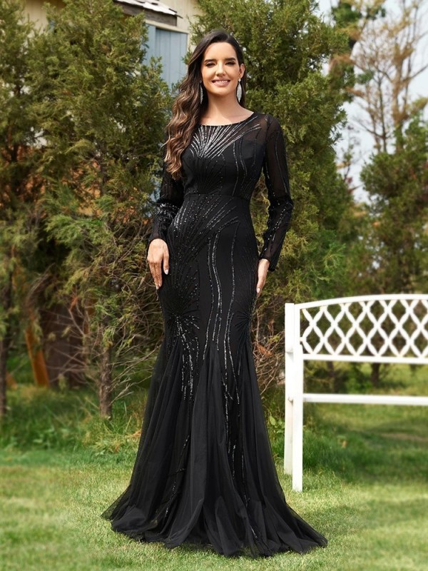 Robe de Soirée Noire Élégante à Manches sulf pour Femme, Tenue de Demoiselle d'Honneur, Sirène de Luxe, Bal|68,79 €|OKKO MODE