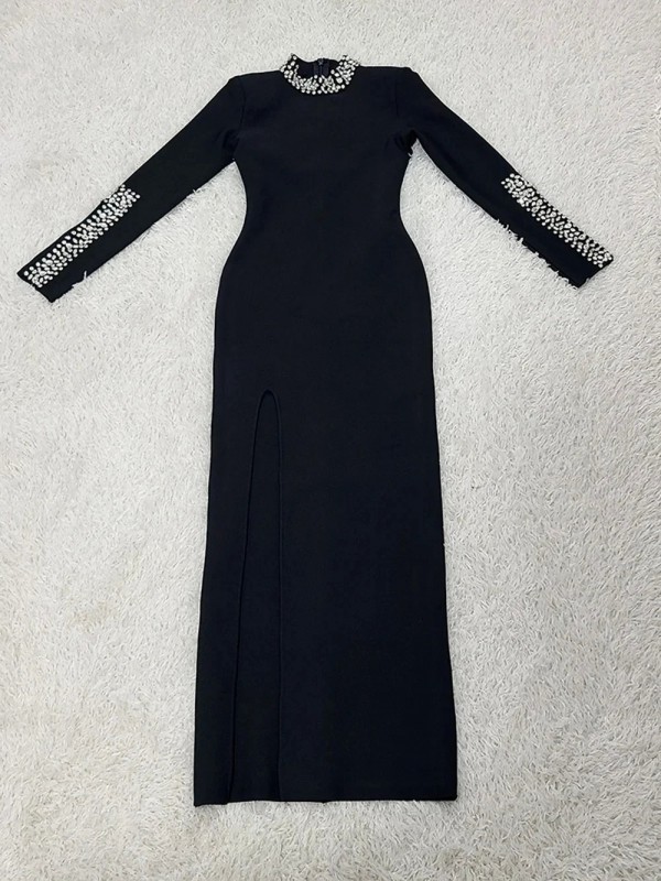 Robe longue noire à manches longues avec diamants pour femme, robe moulante sexy, fendue, célébrité, cocktail, robe|79,11 €|OKKO MODE