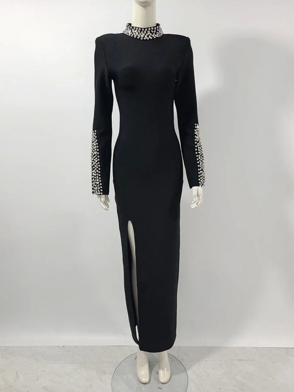 Robe longue noire à manches longues avec diamants pour femme, robe moulante sexy, fendue, célébrité, cocktail, robe|79,11 €|OKKO MODE