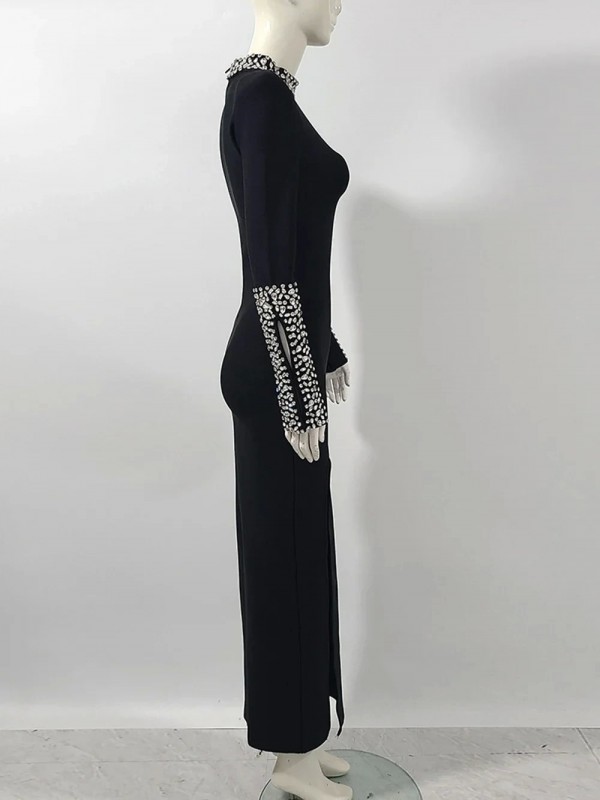 Robe longue noire à manches longues avec diamants pour femme, robe moulante sexy, fendue, célébrité, cocktail, robe|79,11 €|OKKO MODE