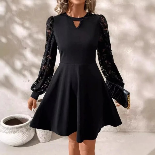 Elegant Black Lace Patchwork Skirt Suit for Women