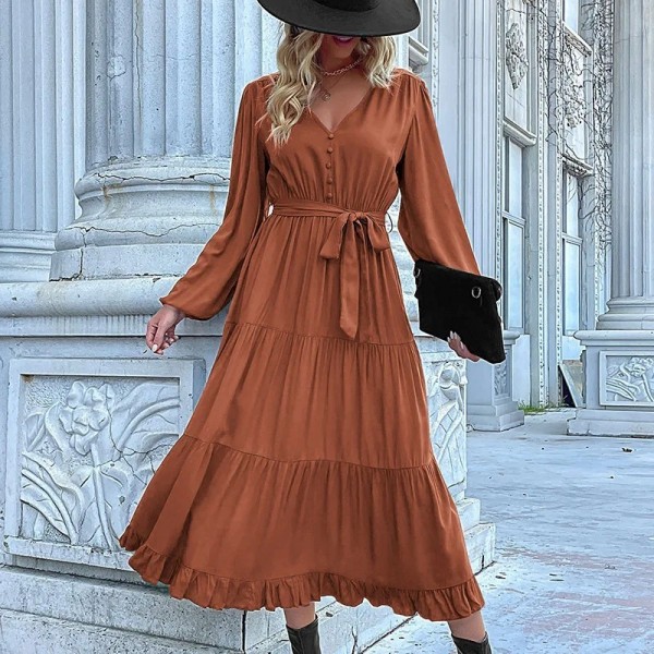 Robe de cocktail décontractée à volants pour femmes, manches longues, col en V, style bohème, coupe décontractée, couleur unie