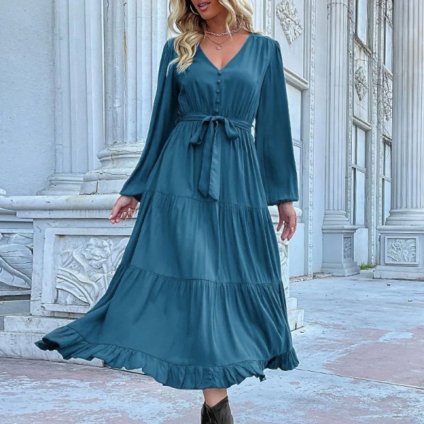 Robe de cocktail décontractée à volants pour femmes, manches longues, col en V, style bohème, coupe décontractée, couleur unie|28,79 €|OKKO MODE