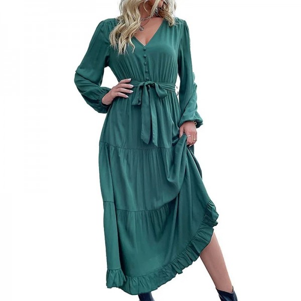 Robe de cocktail décontractée à volants pour femmes, manches longues, col en V, style bohème, coupe décontractée, couleur unie|28,79 €|OKKO MODE