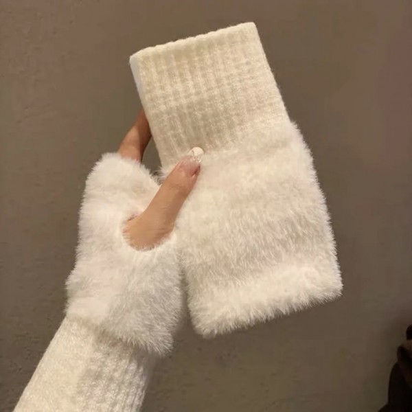 Gants Demi-Doigt en Peluche Blanc pour Femme|3,59 €|OKKO MODE