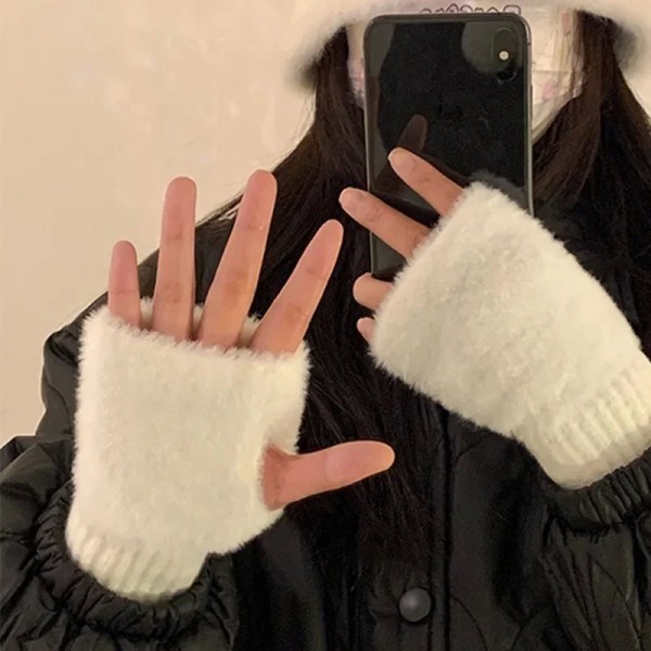 Gants Demi-Doigt en Peluche Blanc pour Femme|3,59 €|OKKO MODE