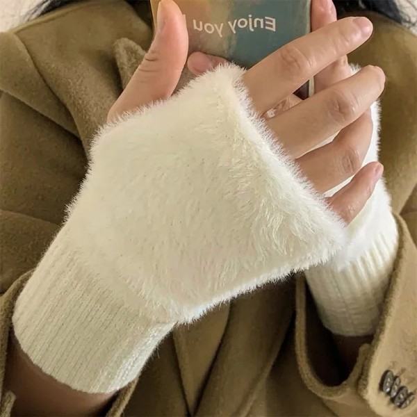 Gants Demi-Doigt en Peluche Blanc pour Femme|3,59 €|OKKO MODE