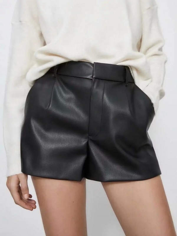 Short Vintage pour Femme, Taille Haute en Cuir PU Drapé Non Défini|5,00 €|OKKO MODE