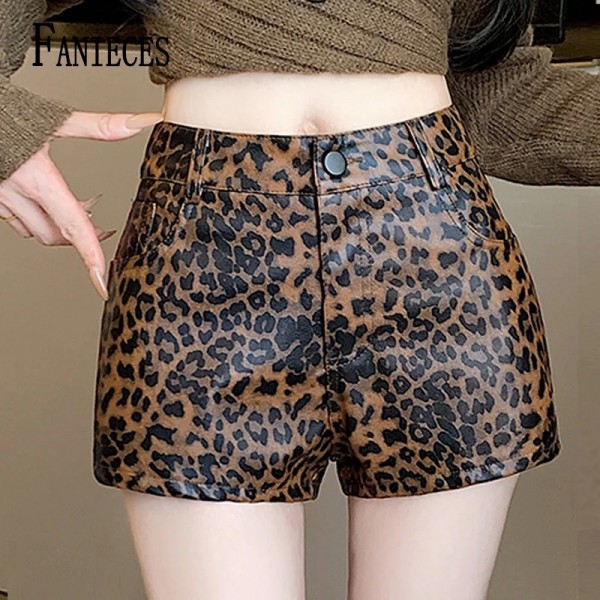 Short slim marrom de leopardo para menina, cintura alta PU