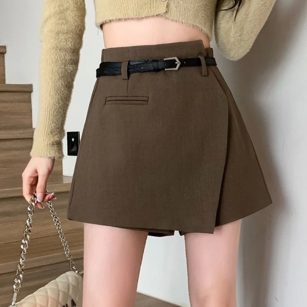 Jupes irrégulières grises pour femmes avec ceinture, pantalons courts de travail de bureau