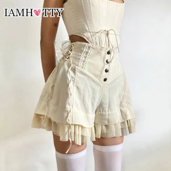 Shorts de tule com babados, largos e bandagem lateral - Estilo Lolita.