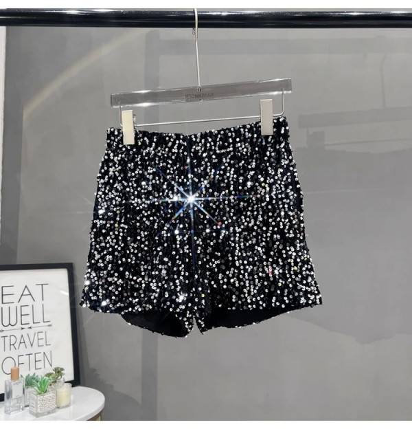 Short noir à paillettes pour femmes, pantalon décontracté slim en daim avec perles brodées - gris Europe et Amérique|6,90 €|OKKO MODE