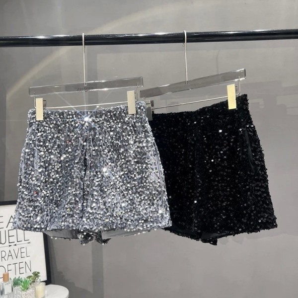 Short noir à paillettes pour femmes, pantalon décontracté slim en daim avec perles brodées - gris Europe et Amérique