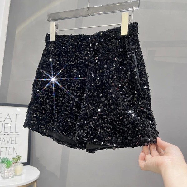 Short noir à paillettes pour femmes, pantalon décontracté slim en daim avec perles brodées - gris Europe et Amérique|6,90 €|OKKO MODE