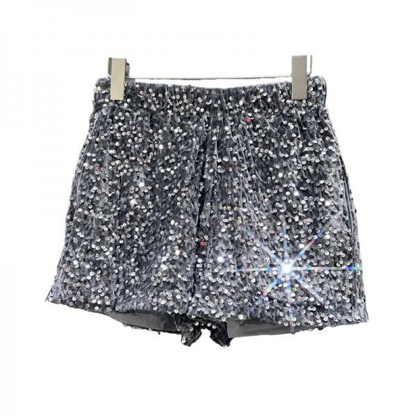 Short noir à paillettes pour femmes, pantalon décontracté slim en daim avec perles brodées - gris Europe et Amérique|6,90 €|OKKO MODE