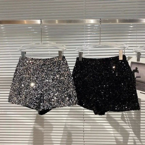 Short en Velours Noir pour Femme, Pantalon Court Polyvalent à Paillettes