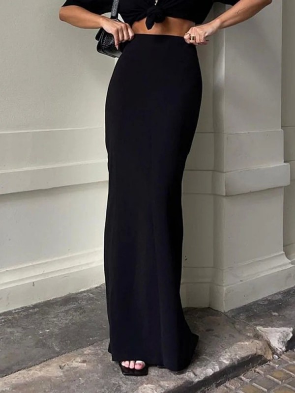 Jupes largas negras cintura alta mujeres - Elegante maxi falda casual dama