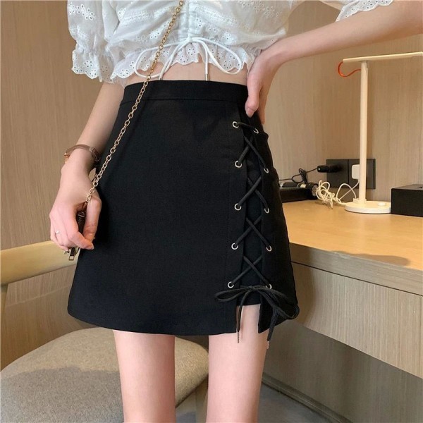Mini jupe noire à lacets latéraux pour femmes, style streetwear