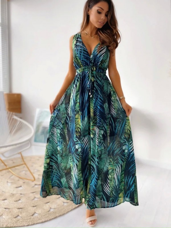 Robe de plage dos nu pour femme, robe longue bohème sexy, col en V, robe longue d'été élégante, imprimé fibrLady, robe maxi éduc|11,00 €|OKKO MODE