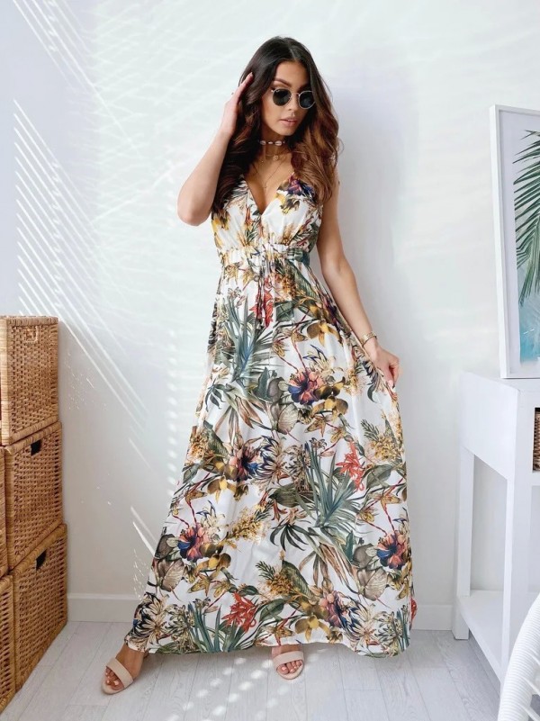 Robe de plage dos nu pour femme, robe longue bohème sexy, col en V, robe longue d'été élégante, imprimé fibrLady, robe maxi éduc|11,00 €|OKKO MODE