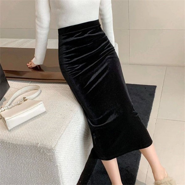 Falda larga de terciopelo negro para mujer, estilo coreano - Talla alta