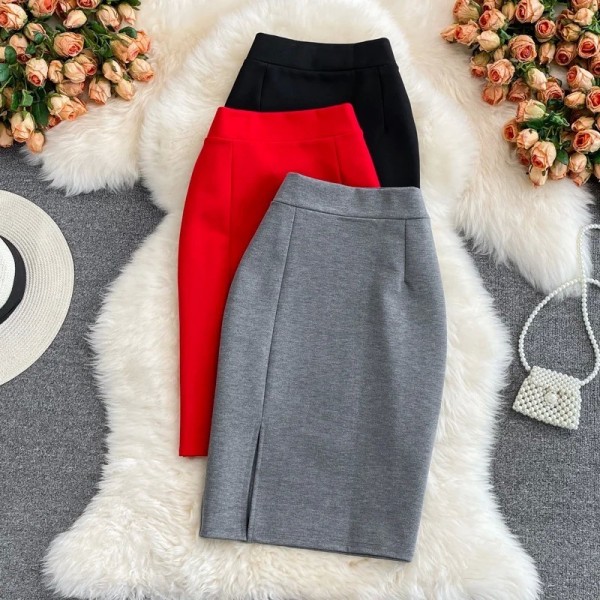 Hohe Taille Bleistiftrock für Damen, knielang, Schlitz vorne, Büro-Outfit in Grau-Rot-Schwarz