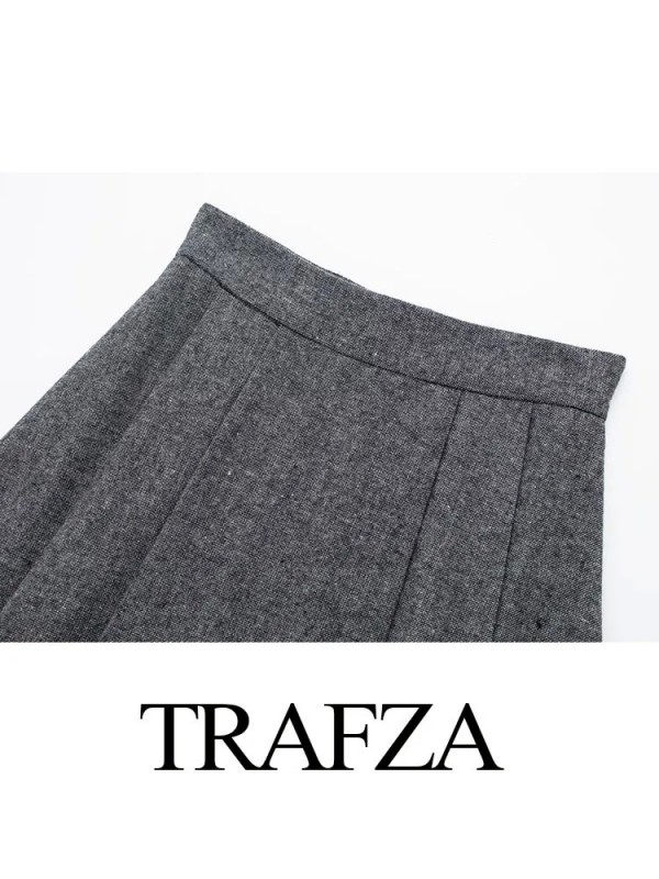 TRAFZA-Jupe Longue Plissée Grise pour Femme, Vintage, Chic, Fermeture Éclair, Taille Haute, Élégante, Ligne A, Streetwear, Print|36,89 €|OKKO MODE