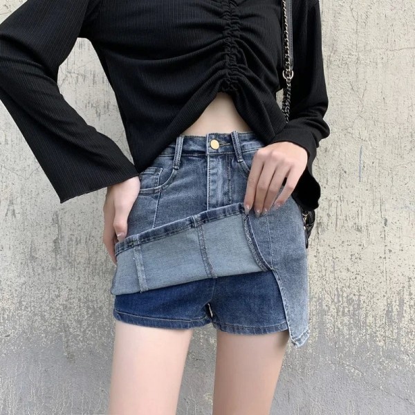 Jupe en jean élastique taille haute pour femme, short trapèze anti-exposition vintage avec fentes latérales|19,79 €|OKKO MODE