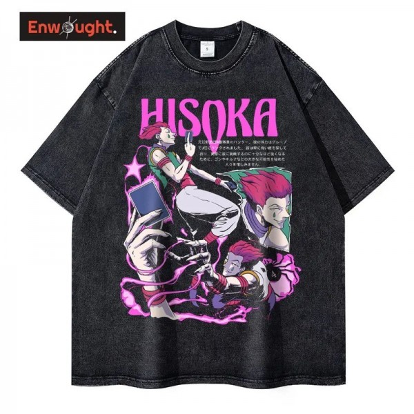 T-shirt Hisoka délavé pour homme, streetwear rétro, anime Hunter x Hunter, Killua Gon Chrollo