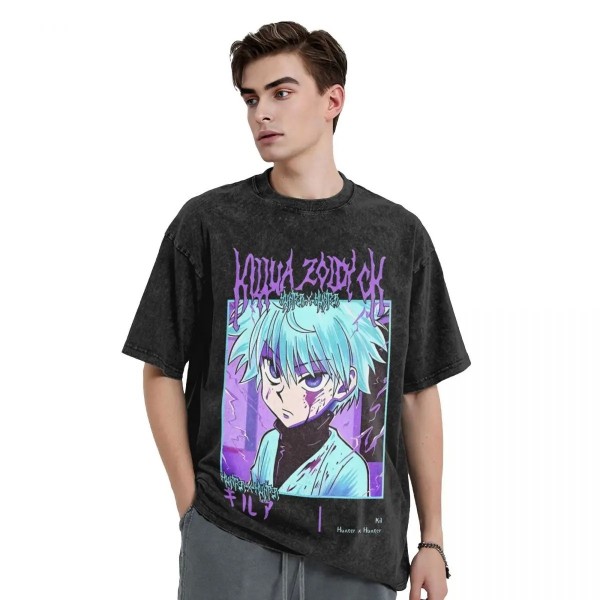 T-shirt Killua Zoldyck pour homme et femme en coton délavé surdimensionné manga années 90 nostalgique vintage|23,39 €|OKKO MODE