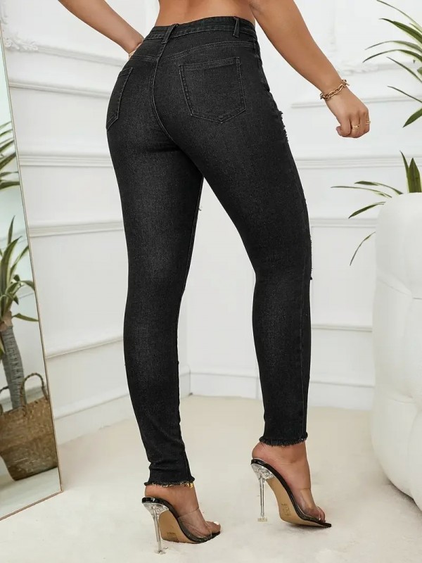 Jeans déchirés à la mode pour femmes, pantalons crayon en denim skinny à commande haute, jeans en tricot confortables minces, S-|26,99 €|OKKO MODE