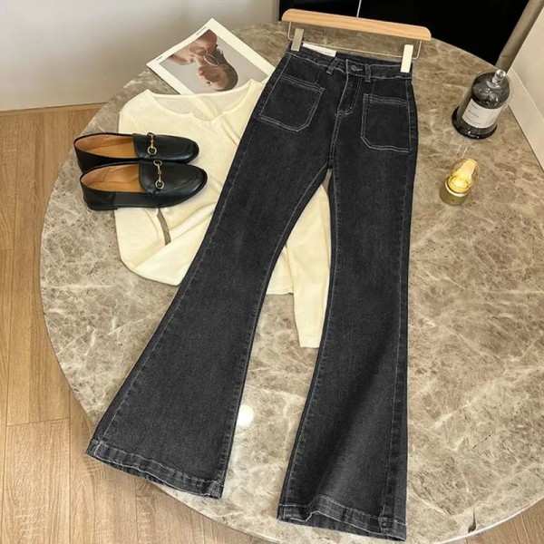 Jean Délavé Taille Haute Femme Slim Denim Poches Évasé Vintage|23,39 €|OKKO MODE