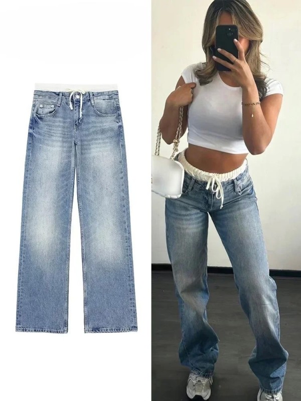 Jean décontracté taille haute à jambes larges, style basique et amincissant|33,29 €|OKKO MODE