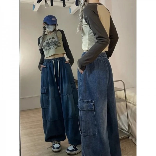 Jean Cargo Bleu Vintage pour Femme, Pantalon Baggy en Denim Respiré Y2K Grunge Hip Hop Streetwear Harajuku Jambes Larges|19,79 €|OKKO MODE