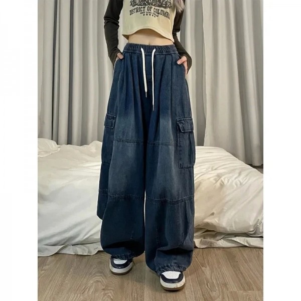 Jean Cargo Bleu Vintage pour Femme, Pantalon Baggy en Denim Respiré Y2K Grunge Hip Hop Streetwear Harajuku Jambes Larges|19,79 €|OKKO MODE