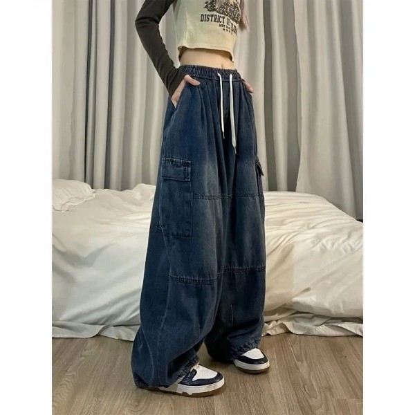 Jean Cargo Bleu Vintage pour Femme, Pantalon Baggy en Denim Respiré Y2K Grunge Hip Hop Streetwear Harajuku Jambes Larges|19,79 €|OKKO MODE