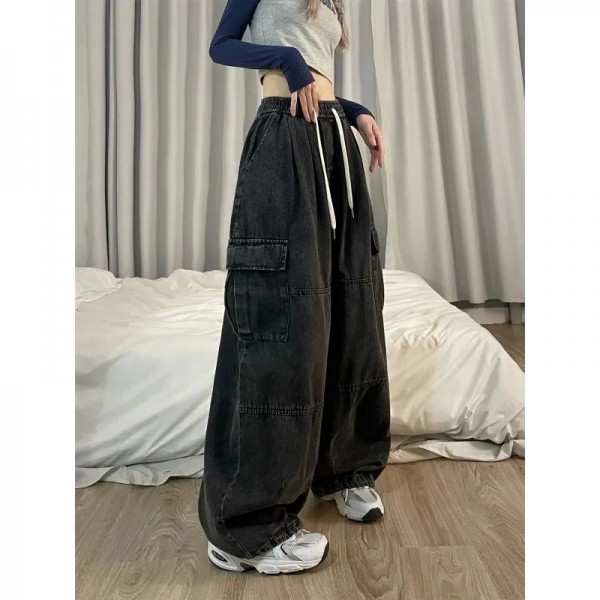 Jean Cargo Bleu Vintage pour Femme, Pantalon Baggy en Denim Respiré Y2K Grunge Hip Hop Streetwear Harajuku Jambes Larges|19,79 €|OKKO MODE