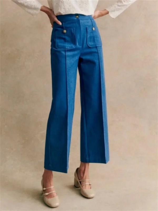 Pantalon en denim taille haute pour femme, décoration de bouton de poche et couture tridimensionnelle|80,09 €|OKKO MODE