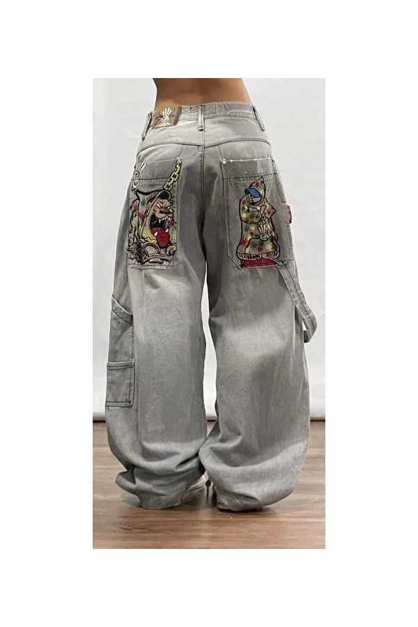 Jeans Baggy Brodés Ailes de Crâne Rétro Américain Harajuku Hip-Hop Gothique Large Streetwear|29,69 €|OKKO MODE