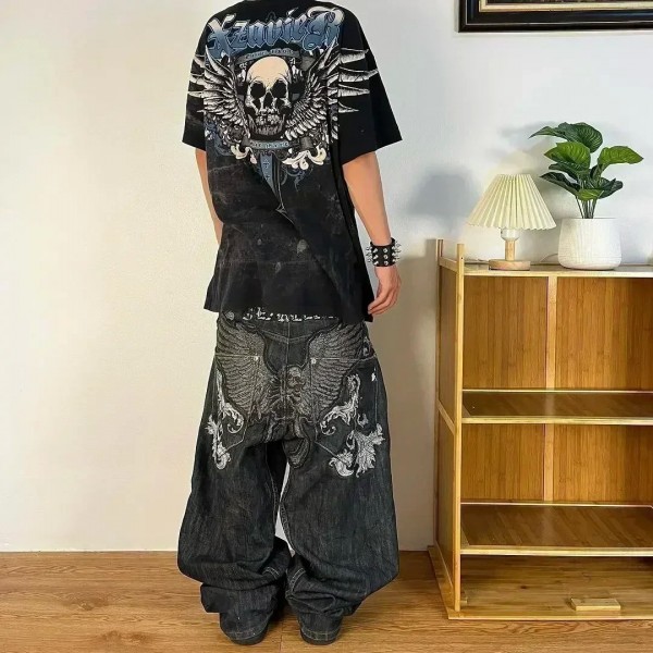 Jeans Baggy Brodés Ailes de Crâne Rétro Américain Harajuku Hip-Hop Gothique Large Streetwear|29,69 €|OKKO MODE