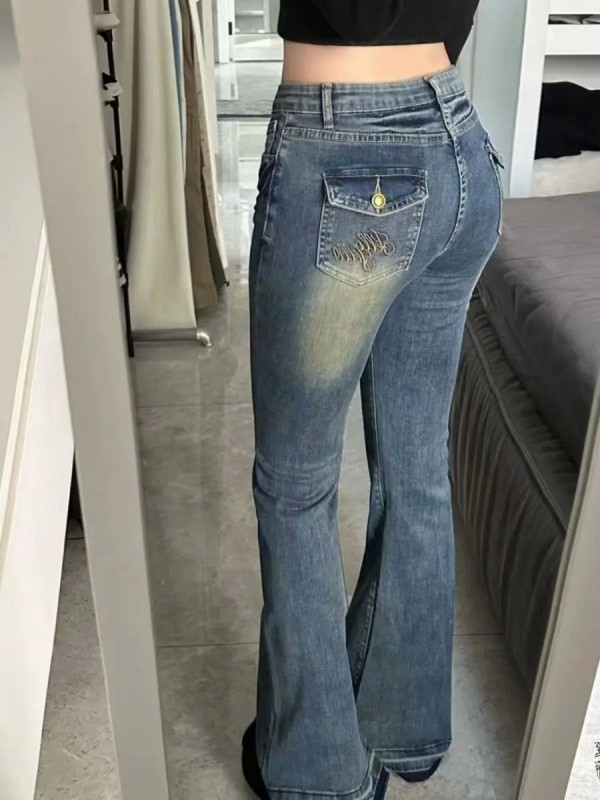 Jean Droit Rétro Américain en Dentelle pour Femme, Taille Basse|35,99 €|OKKO MODE